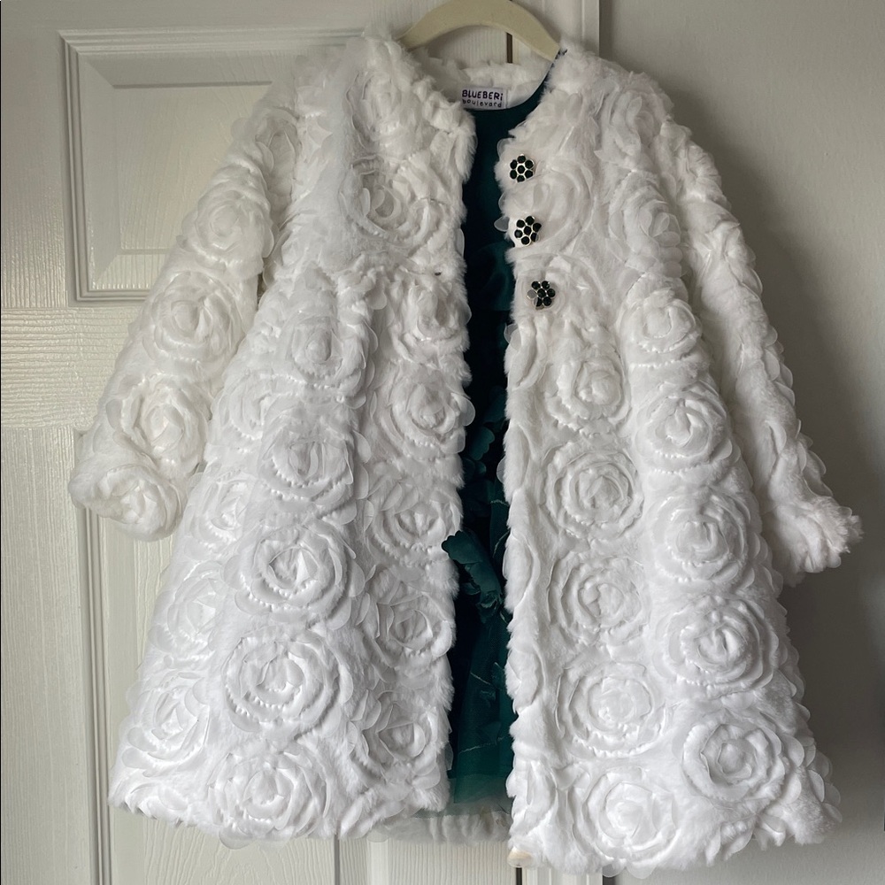 Blueberi Boulevard White Rose Pattern Kids Coat